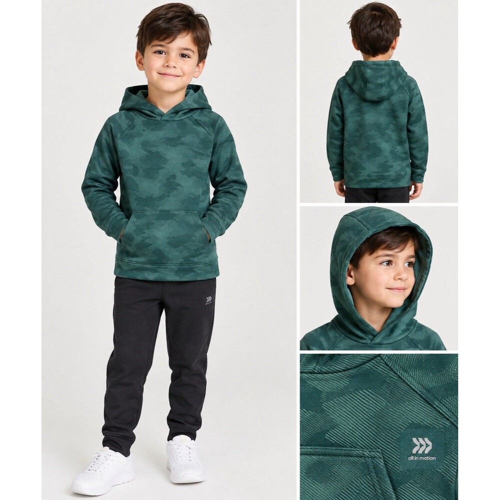 NWT All In Motion Boys Tech Fleece Hoodie Sweatshirt Green Camo Size XS (4/5)